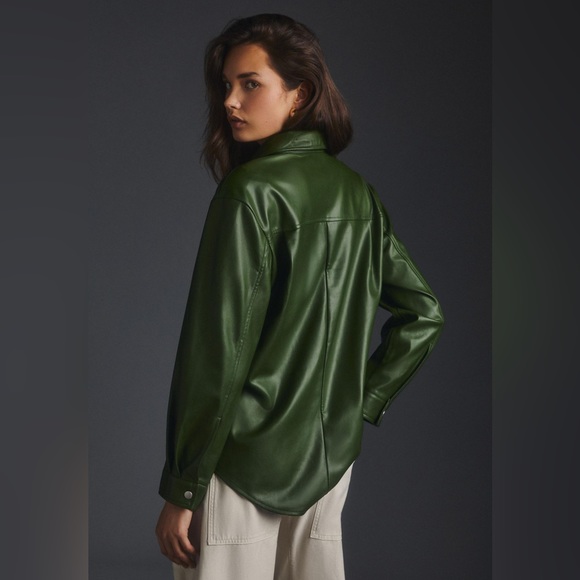 Anthropologie Aves Les Filles faux leather oversized shirt jacket in dark green - Picture 4 of 12
